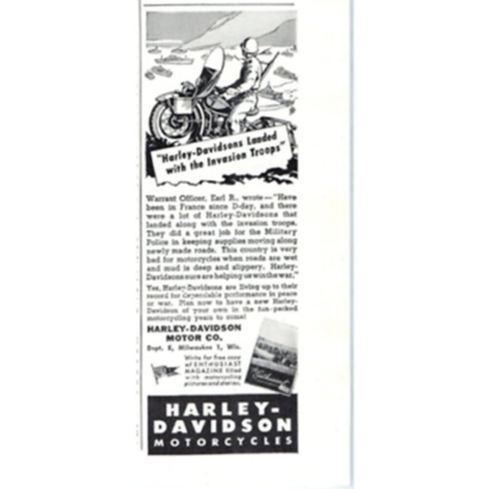 1945 Print Ad Harley Davidson Motorcycles Landed With The Invasion Troops!
